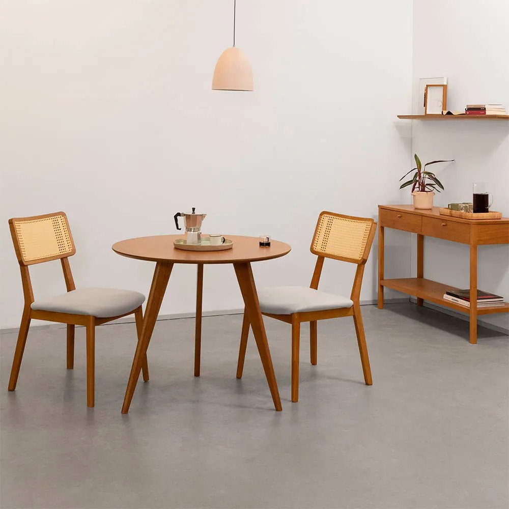 Conjunto Mesa de Jantar Square Laminada Tripé Redonda Natural - 88cm + 2 Cadeiras Lalá Encosto Palha Creme Assento - Cru