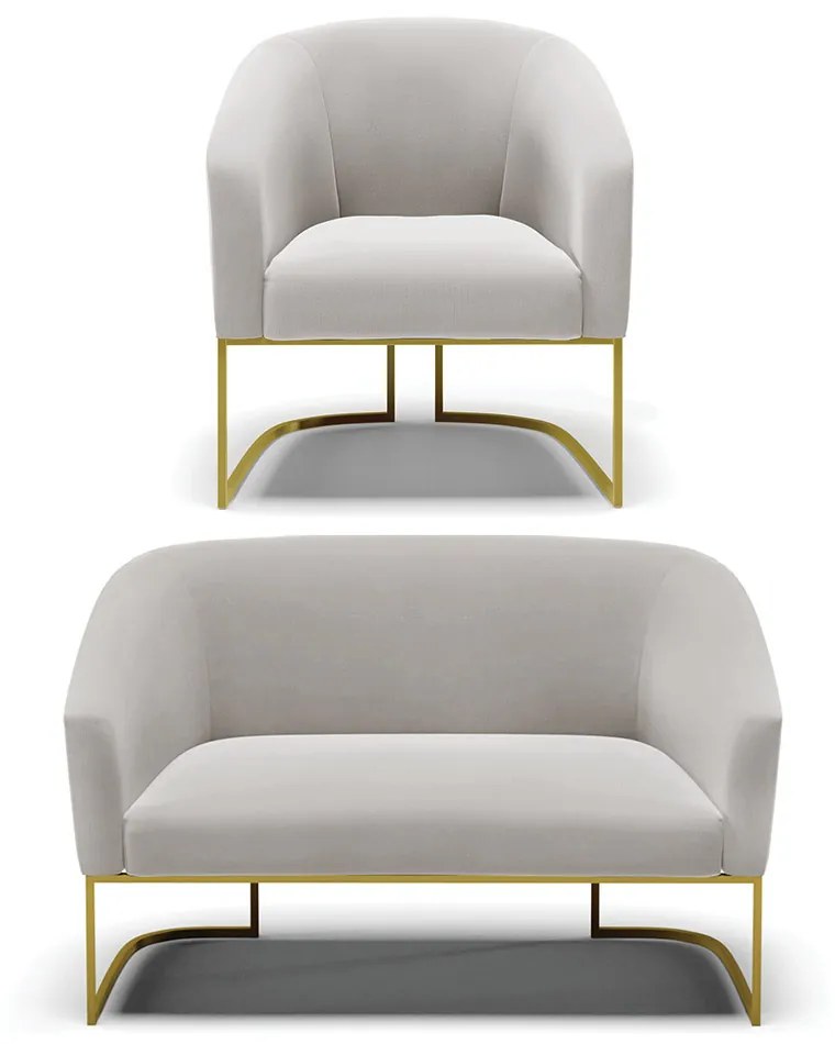 Sofá Namoradeira e Poltrona Base Industrial Dourado Stella Veludo D03 - D'Rossi - Cinza