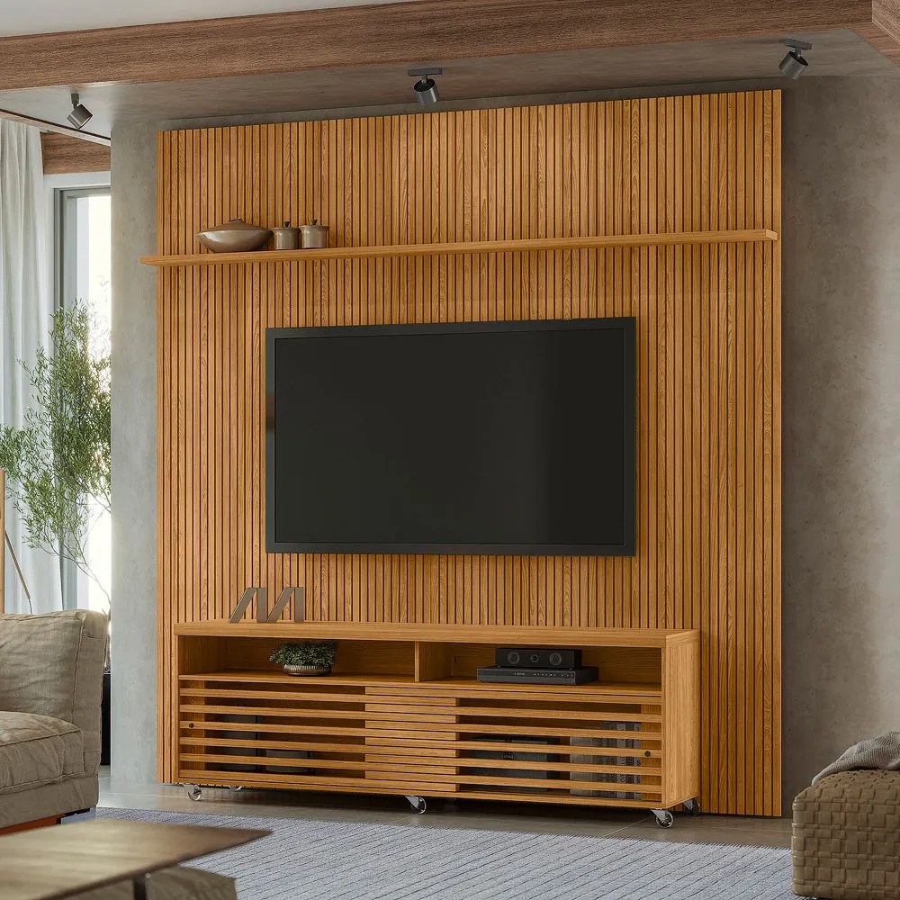Painel TV 75 Pol 238cm Ripado Kalven com Rack Bancada Nerion M20 - D'Rossi - Cumaru(fosco)