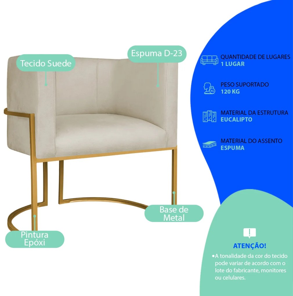 Kit 2 Poltronas Dália Luxo Moderna Estofada Design Sofisticado com Base de Ferro Dourado Suede