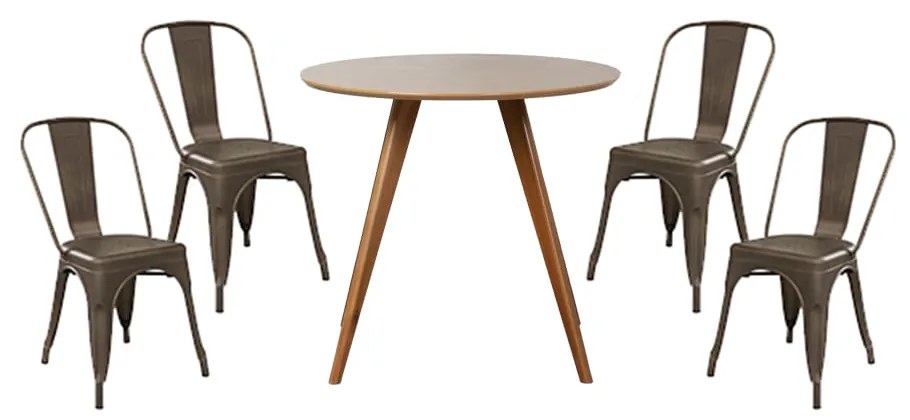 Conjunto Mesa Square Redonda Bétula 88cm + 4 Cadeiras Tolix Ferrugem Vintage