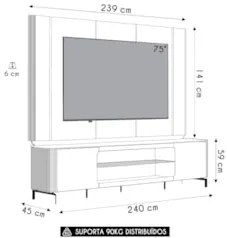 Painel TV 75 Pol e Rack 239cm com LED Martan Tauari/Off Flex L06 - Mpo