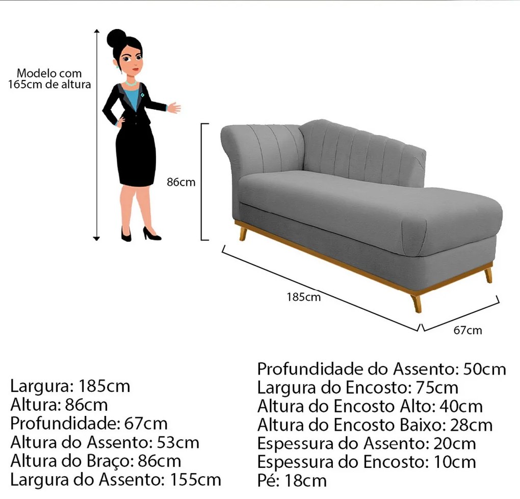 Recamier Vanessa 185cm Lado Esquerdo Corano Cinza - ADJ Decor