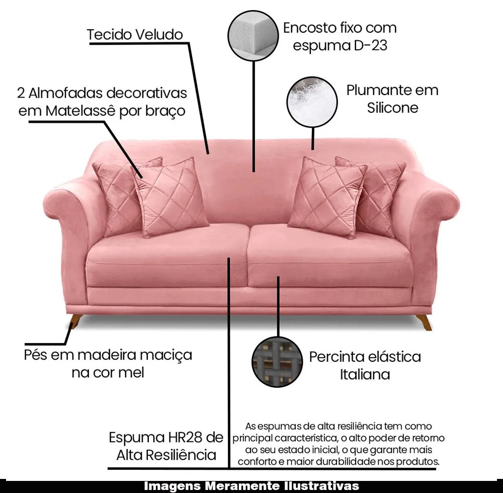 Sofá Decorativo 160cm 2 Lugares com 4 Almofadas Armstrong Veludo Rosa G63 - Gran Belo