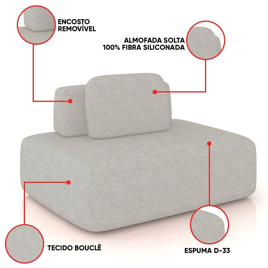 Sofá Módulo Central 140cm Orgânico Sala Berlim Bouclê K01 - D'Rossi - Cinza claro