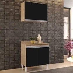 Armário Aéreo Califórnia e Balcão Hawai com Tampo 80cm Castanho/Preto