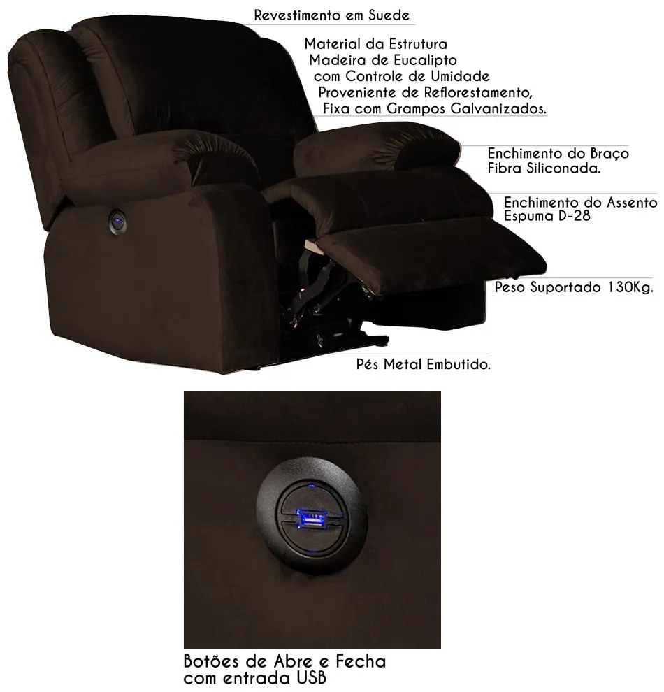Poltrona do Papai Reclinável Elétrica com Entrada USB Magnum Veludo Marrom Chocolate G23 - Gran Belo