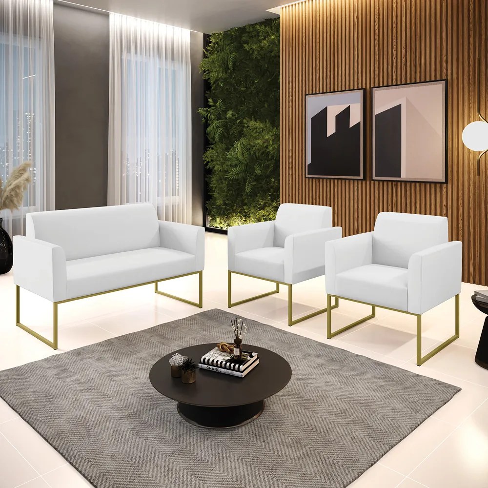 Sofá Namoradeira com 2 Poltronas Base Industrial Dourado Marisa Corino D03 - D'Rossi - Branco