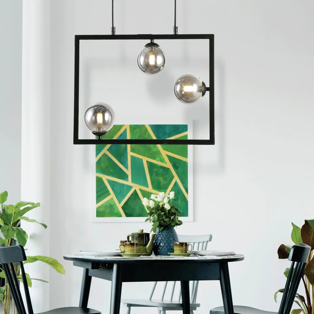 Pendente Balanço 35X45Cm 3Xg9 Retangular Horizontal Metal Preto Vidro...
