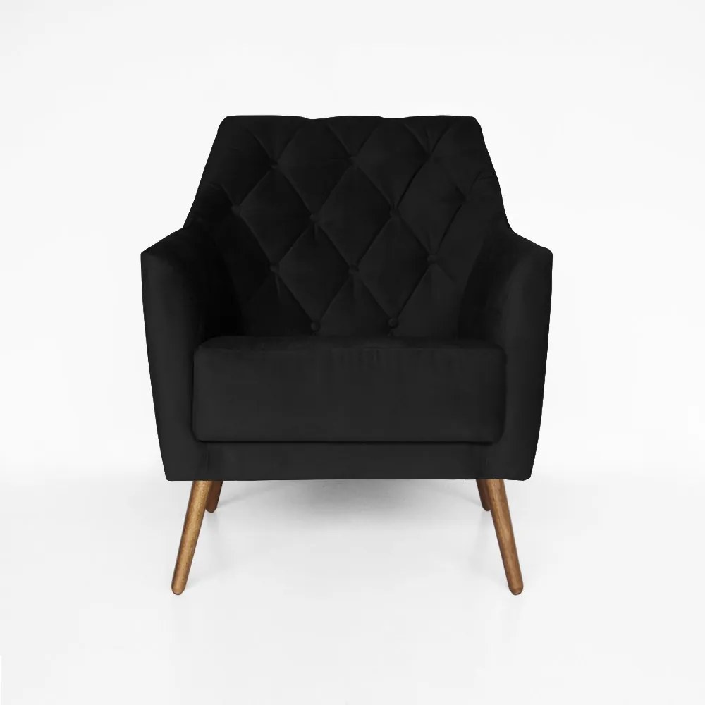 Poltrona Atena Decorativa Botonê Pés Palito Veludo Preto