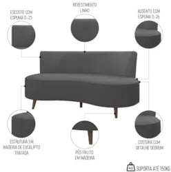 Sofá 2 Lugares para Sala Living 135cm Pés Palito Korah Z08 Linho Cinza