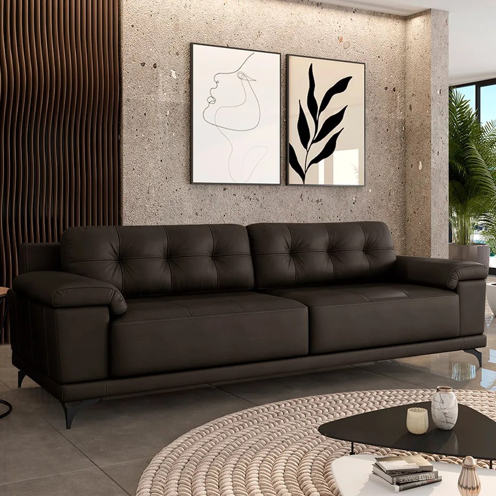 Sofá Living 3 lugares 232cm Agostino Pés Design em Ferro Couro Marrom G52 - Gran Belo