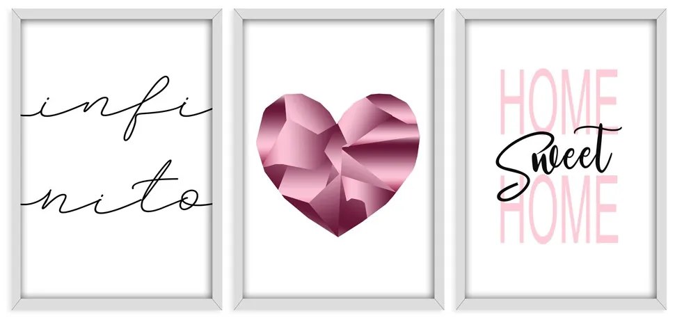 Kit 03 Quadros Decorativos "Pink Heart" 43x33 Cm Cada - D'Rossi
