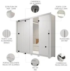 Guarda Roupa Casal 245cm 2 Portas Espelho Scipio Branco C01 - Mpozenat