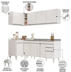 Armário de Cozinha Modulado de Canto Direito 4 Peças CP42 com Pia Inox