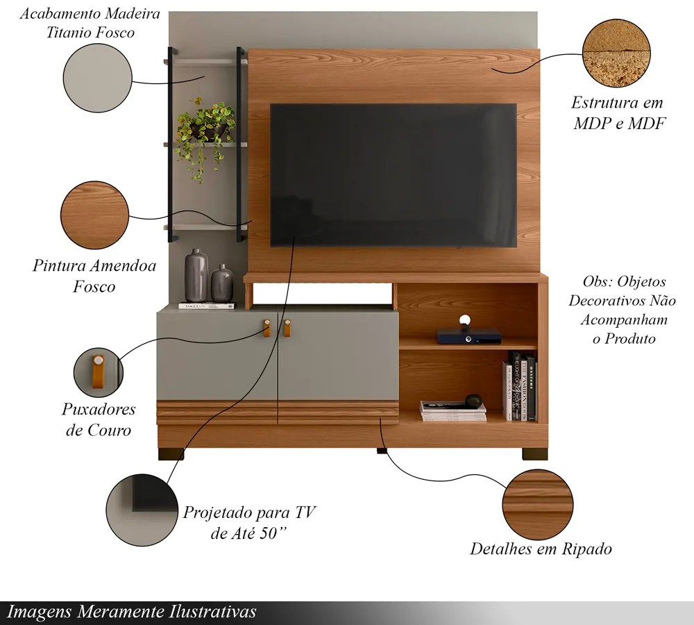 Home Decorativo Jatiuca MDP/MDF Ripado TV Até 50 Polegadas Amêndoa/Titânio G77 - Gran Belo