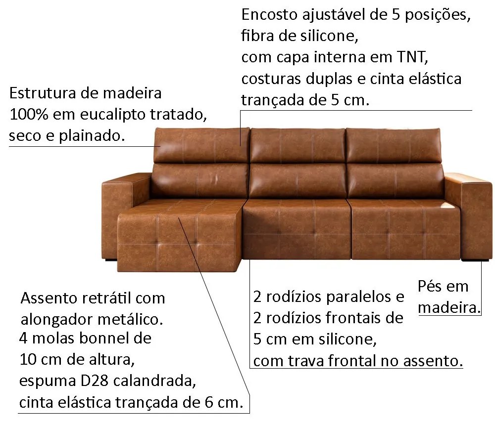 Sofá Retrátil Reclinável 4 Lugares Sala de Estar 284cm Russo Couro Caramelo G52 - Gran Belo