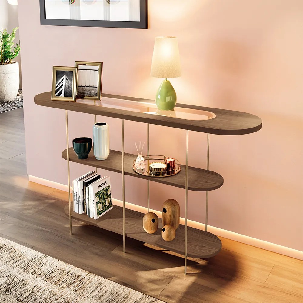 Aparador Decorativo Infinity Sala de Estar Tampo em Vidro e Pés em Aço Castanho G26 - Hb Móveis