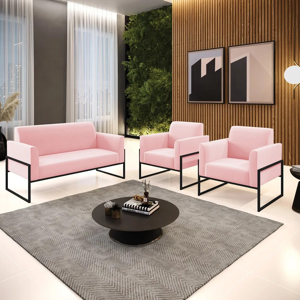 Sofá Namoradeira com 2 Poltronas Base Industrial Alta Preto Marisa Suede D03 - D'Rossi - Rosa Bebê