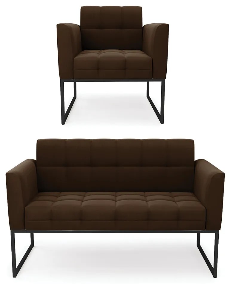 Kit 1 Sofá Namoradeira e 1 Poltrona Elisa Suede Base Metálica Industrial Preto - D'Rossi - Marrom