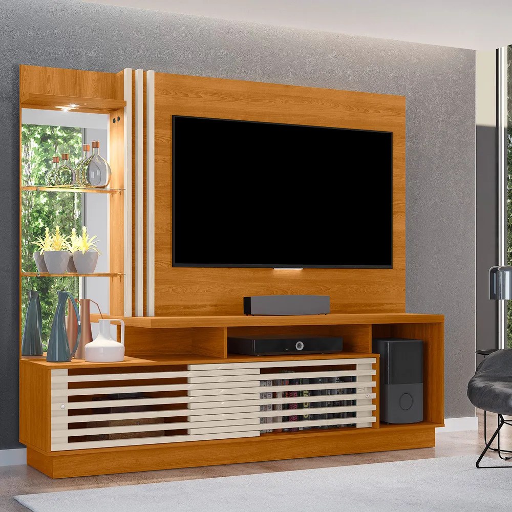 Estante de TV 60 Pol 200cm Sala de Estar Lumari M20 - D'Rossi - Cinamomo e Off White
