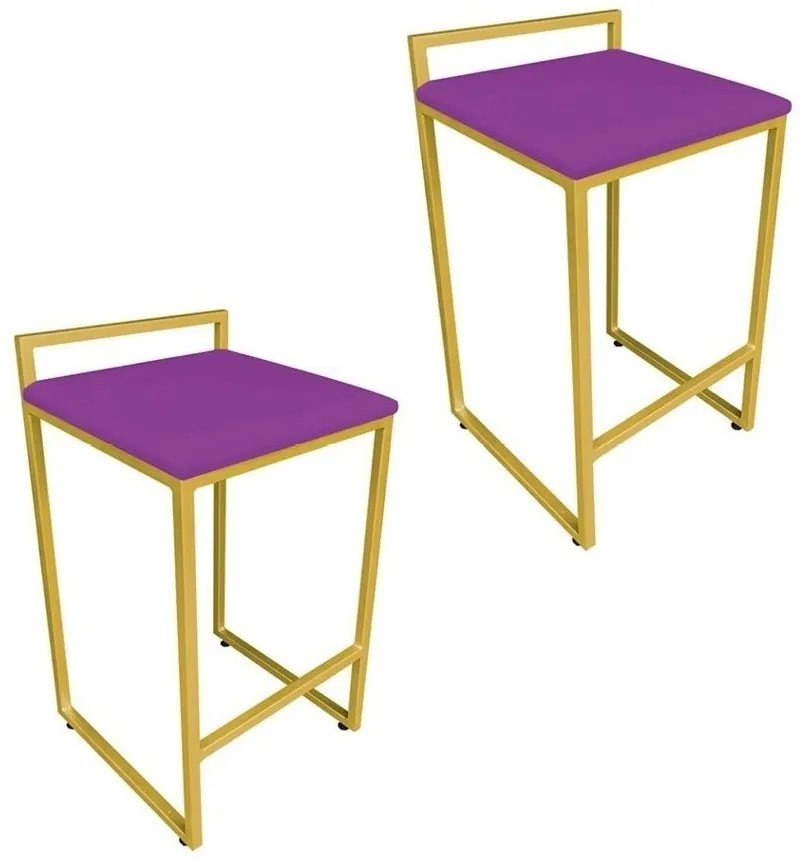 Conjunto 02 Banquetas Pietra Suede Base Dourado D03 - D'Rossi - Roxo