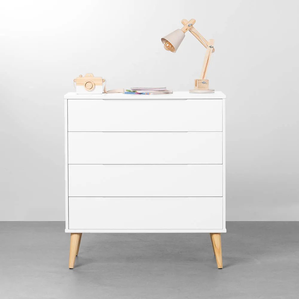 Cômoda Elfe 4 Gavetas com Pés Retrô Natural – Branco Fosco