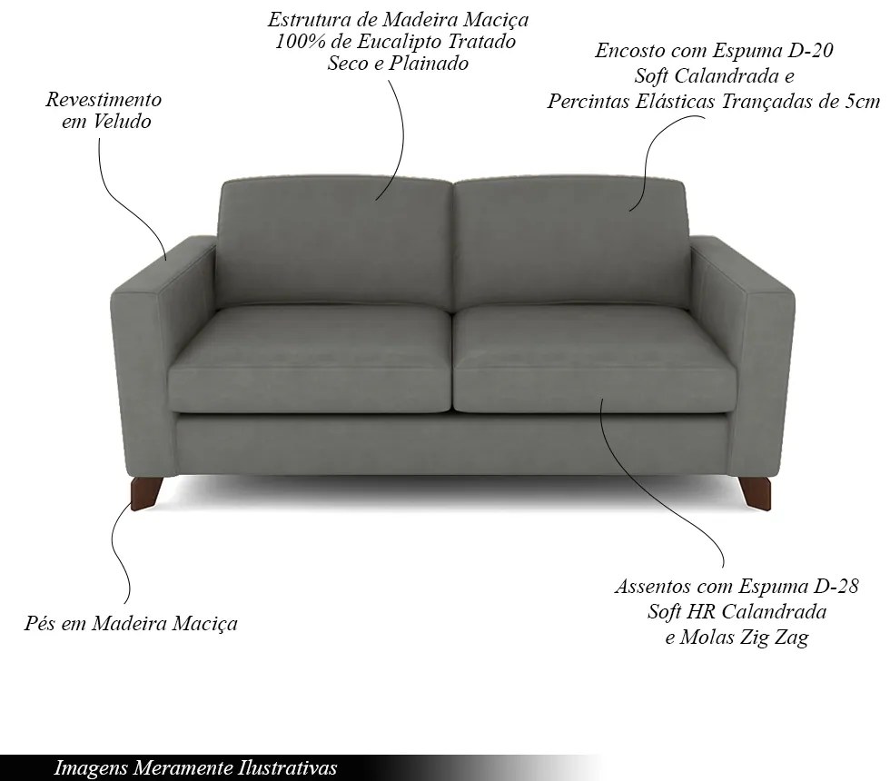 Sofá Sala de Estar Living 3 Lugares 200cm Presley Pés Madeira Veludo Cinza G52 - Gran Belo
