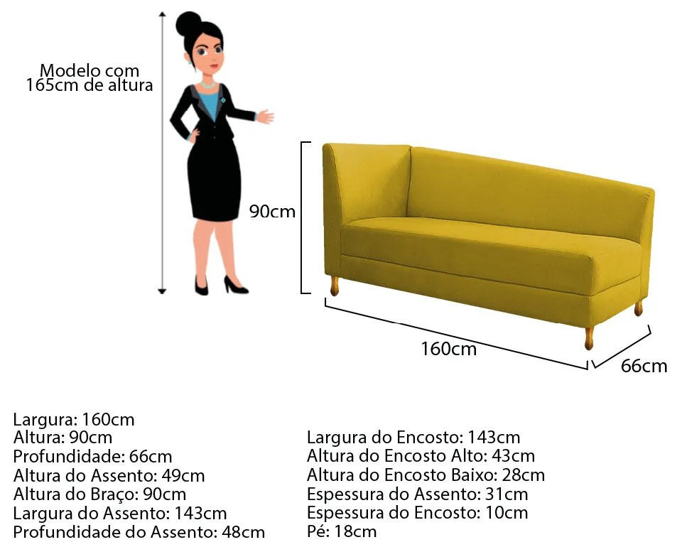 Recamier Valéria 160cm Lado Direito Suede Amarelo - ADJ Decor