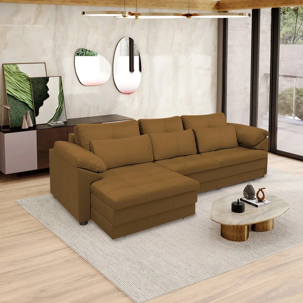 Sofá Retrátil Manual Sala de Estar Nolan Bipartido 332cm Conforto Premium em Couro Mel G58 - Gran Belo