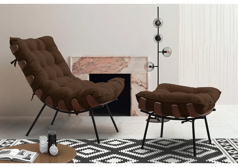 Puff Decorativo Sala de Estar Abel Base de Madeira Preto Suede Marrom G41 - Gran Belo