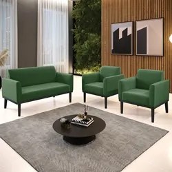 Sofá Namoradeira e 2 Poltronas Base Madeira Preto Maressa Suede Verde