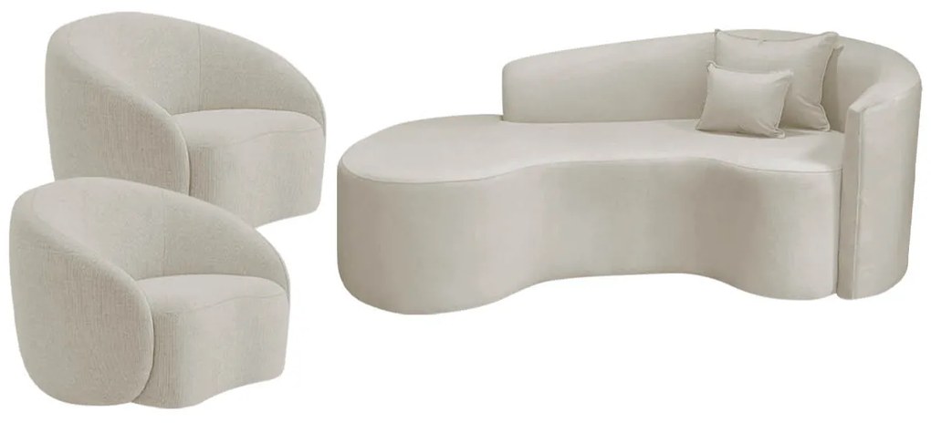 Kit Recamier Curvo Sala de Estar Inglaterra 200cm Lado Esquerdo e 2 Poltronas Orgânica Luxo Amore Linho