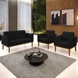 Sofá Namoradeira e 2 Poltronas Base Madeira Castanho Maressa Linho Pre