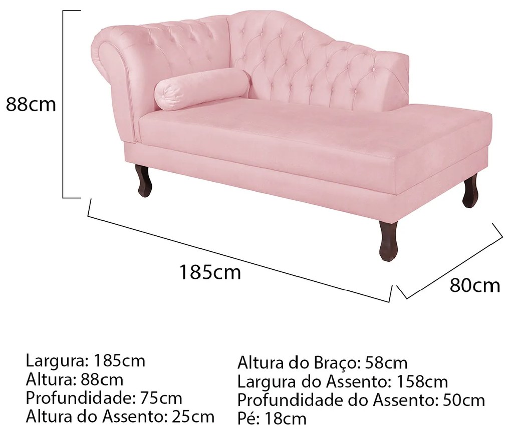 Recamier Diana 185cm Lado Direito Suede Rosa Bebê - ADJ Decor