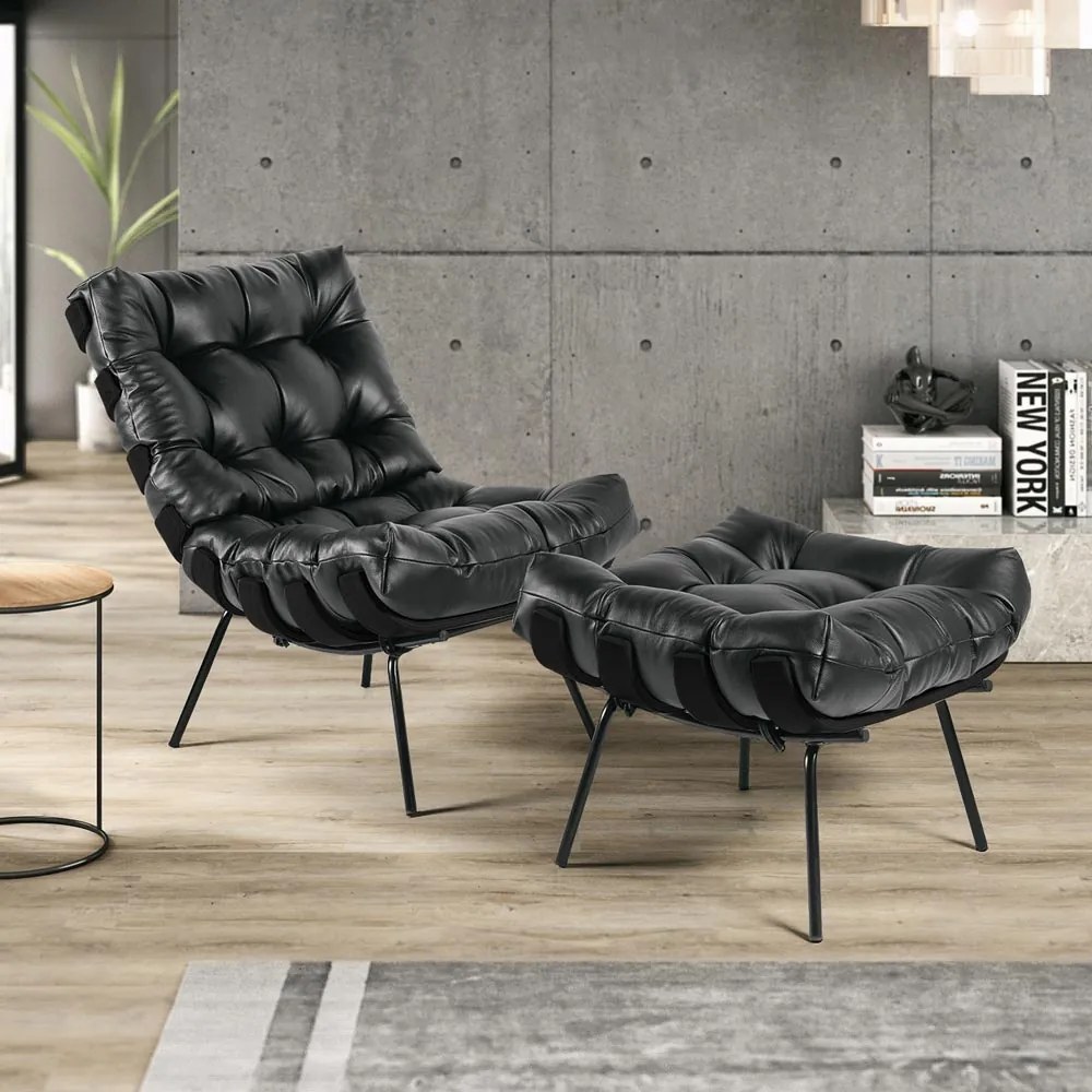 Puff Decorativo Sala de Estar Costela Base Preta Couro Preto G34 - Gran Belo