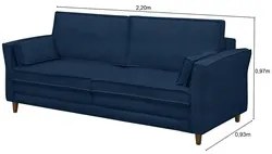 Sofá Living 3 Lugares 220cm Pés Madeira Efraim F05 Veludo Azul - Mpoze