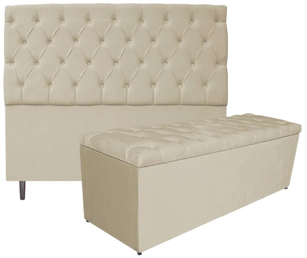 Kit Cabeceira e Calçadeira Liverpool 140 cm Casal Linho Bege - ADJ Decor