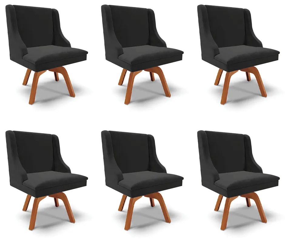 Kit 6 Cadeiras Decorativas Sala de Jantar Base Giratória de Madeira Firenze Veludo Preto/Natural G19 - Gran Belo