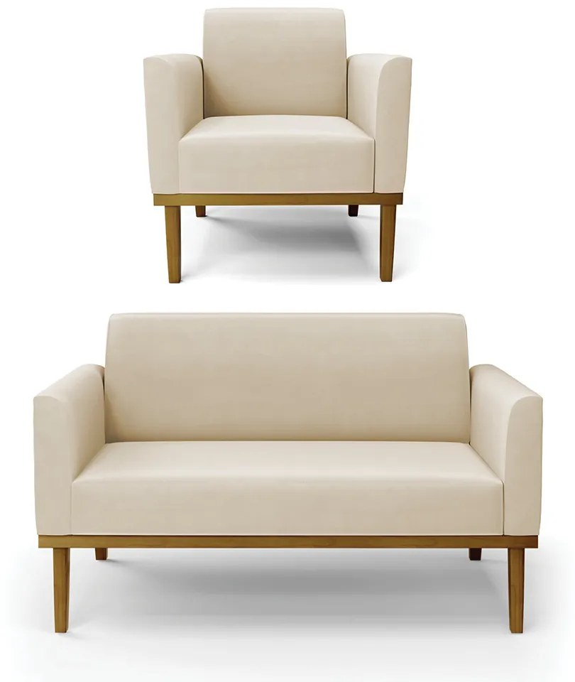 Conjunto Poltrona e Namoradeira Decorativa Isabella Pés Fixo em Madeira Castanho Suede Bege G19 - Gran Belo