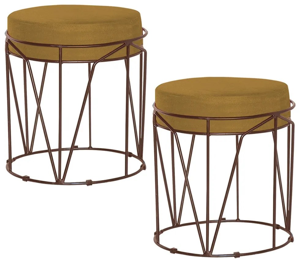 Kit 2 Puffs Decorativo Sala de Estar Base Bronze Chloe Suede Mostarda G41 - Gran Belo
