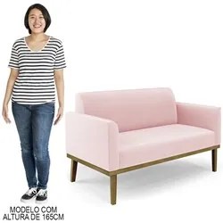 Sofá Namoradeira e 1 Poltrona Base Madeira Castanho Maressa Suede Rosa