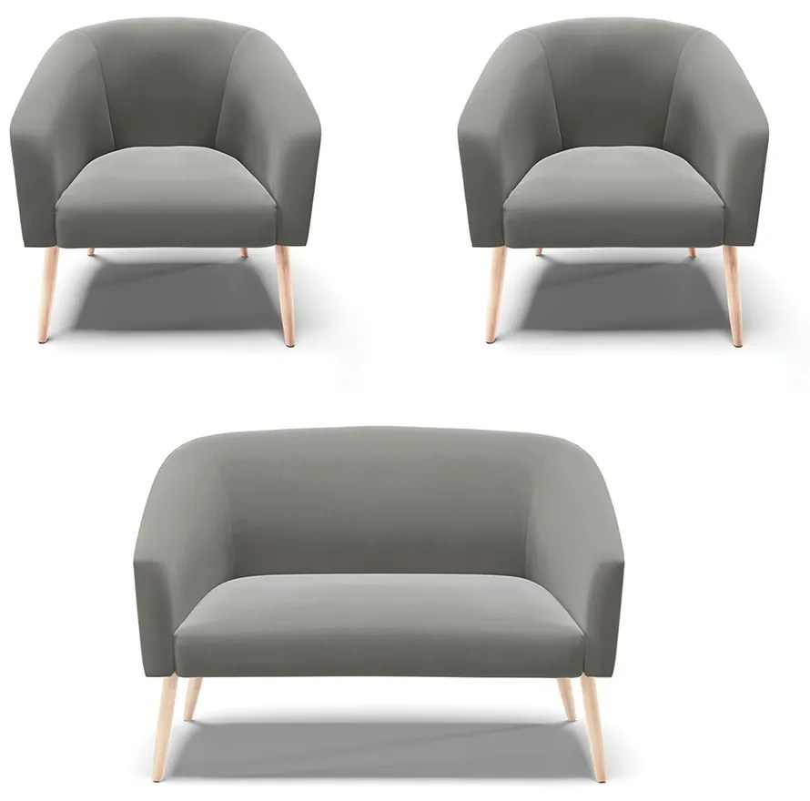 Namoradeira e 2 Poltronas Pé Palito Natural Stella Suede Grafite D03 - D'Rossi