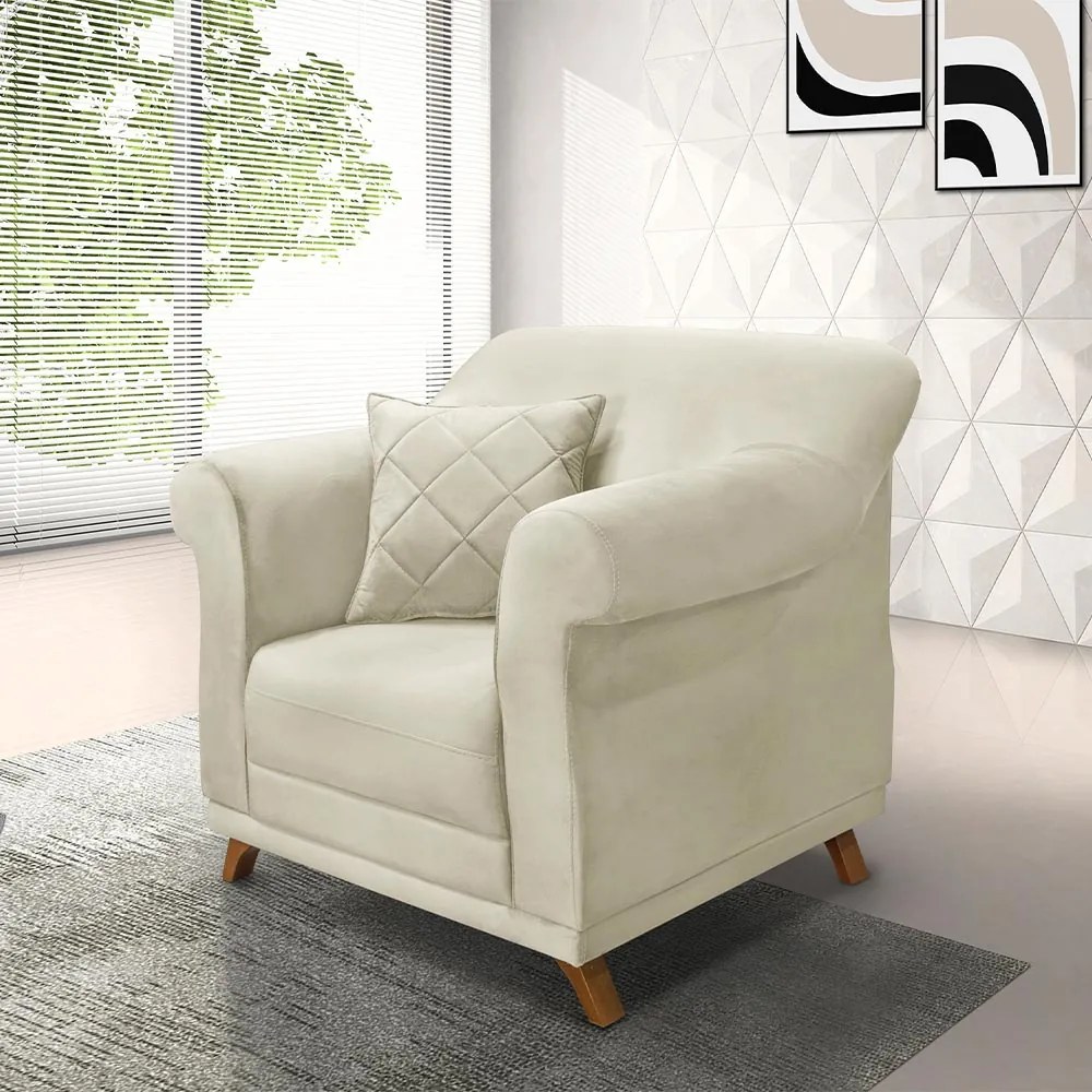 Poltrona Decorativa com 1 Almofada Armstrong Veludo Bege G63 - Gran Belo