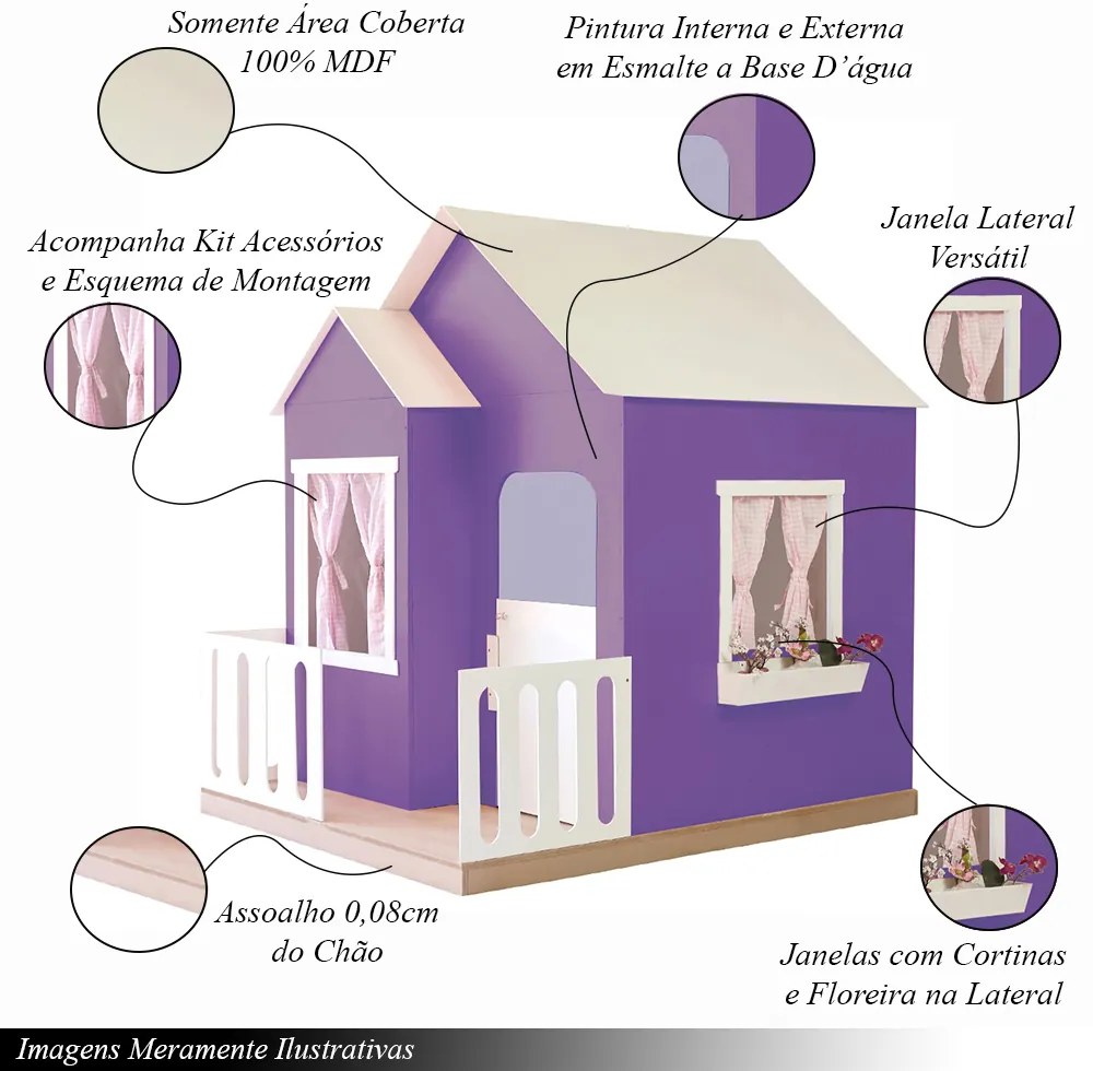 Casinha de Brinquedo Artesanal Janela Lateral Versátil com Cortinas MDF Roxo/Branco L12 - Gran Belo