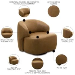 Poltrona Decorativa Giratória Orgânica Donk L08 Couro Camel - Mpozena
