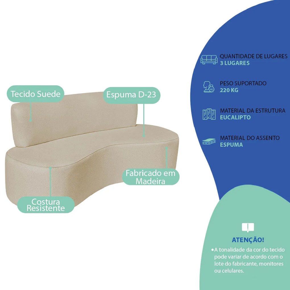 Kit Sofá Curvo Amsterdã 160cm e 2 Poltronas Luiza Max Suede