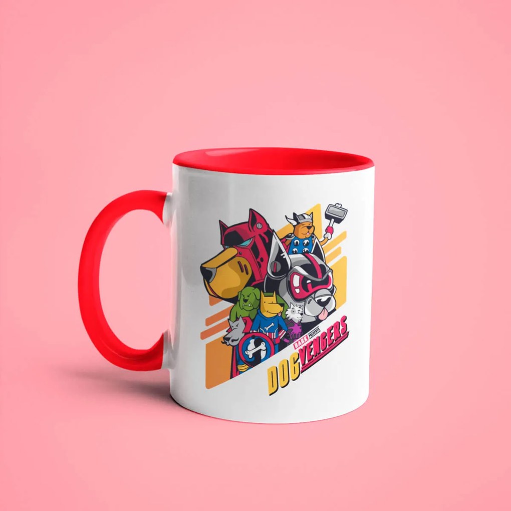 Caneca Dogvenger Vingadogs Vingadores Nerd Branca com Alça Vermelha