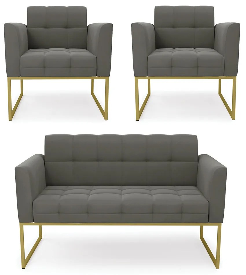 Kit 1 Sofá Namoradeira e 2 Poltronas Elisa Suede Grafite Base Metálica Industrial Dourado - D'Rossi