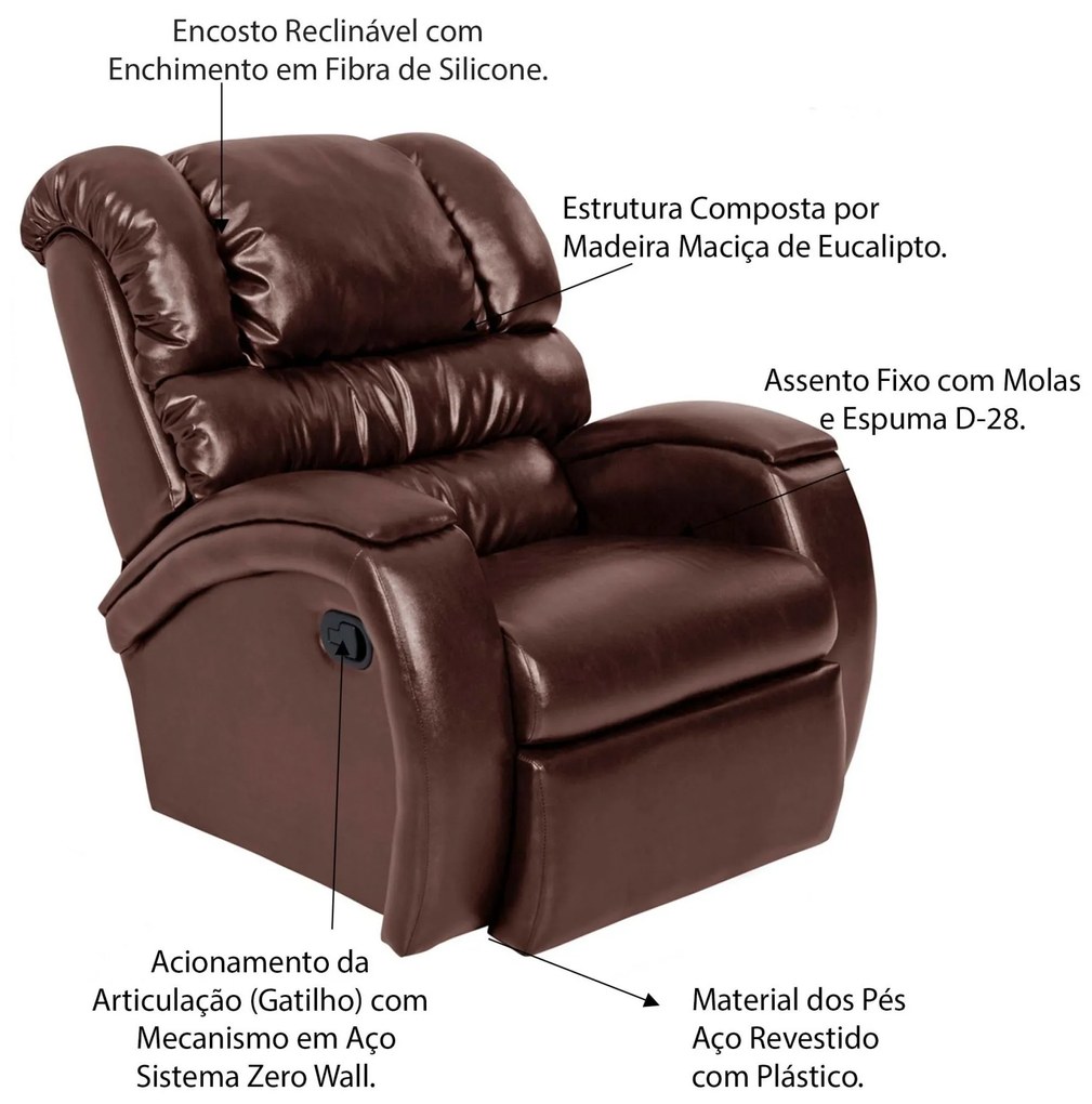 Poltrona do Papai Reclinável Zero Wall com Gatilho Oasis PU Sintético Marrom Brilho G23 - Gran Belo